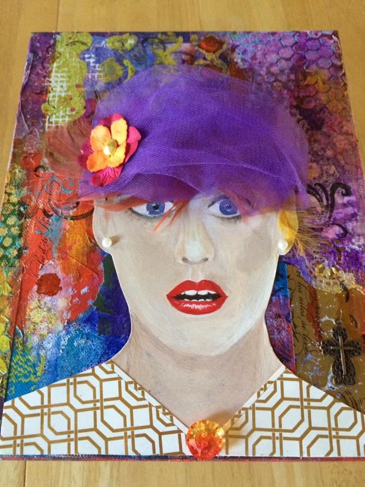 Mixed Media Art: "Miss Scarlet" 8"x10" canvas with 3D elements