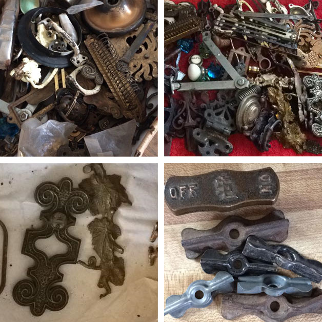 Photo grid of reclaimed antique hardware and metal relics in an artist’s studio — ornate brass escutcheons, cast-iron handles, vintage clock parts, and industrial fragments gathered for upcycled art projects.